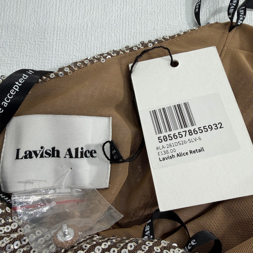 NWT Lavish Alice ALANNI Stretch Sequin Scarf evening gown Silver brown size 2 - Picture 12 of 16